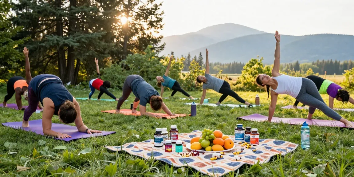 Group practicing yoga outdoors with made in Canada supplements, surrounded by nature.