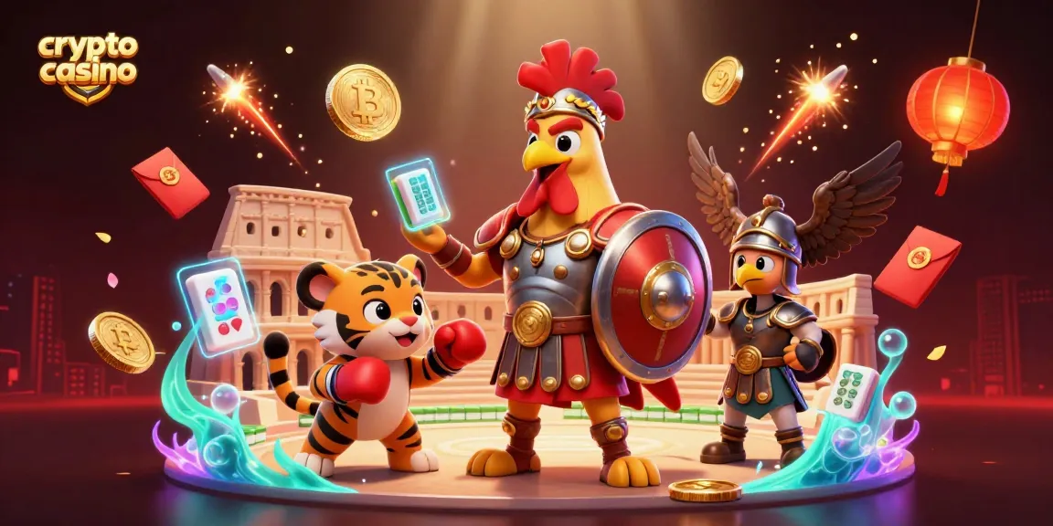 Gioca in un crypto casino con un gallo gladiatore e il suo partner tigre in un'arena.