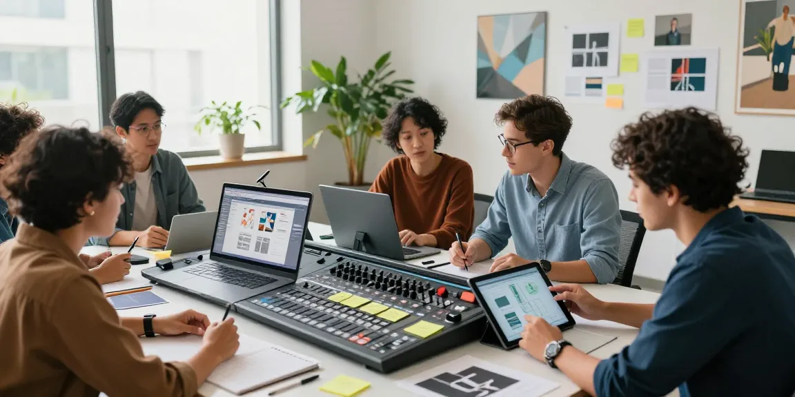Collaborative team using a mixboard to develop innovative ideas and visual concepts in a modern office.