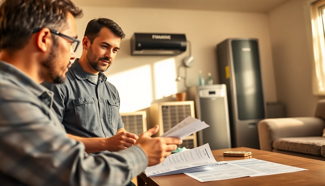 Discussing financing for heating options in a cozy home with an HVAC professional.