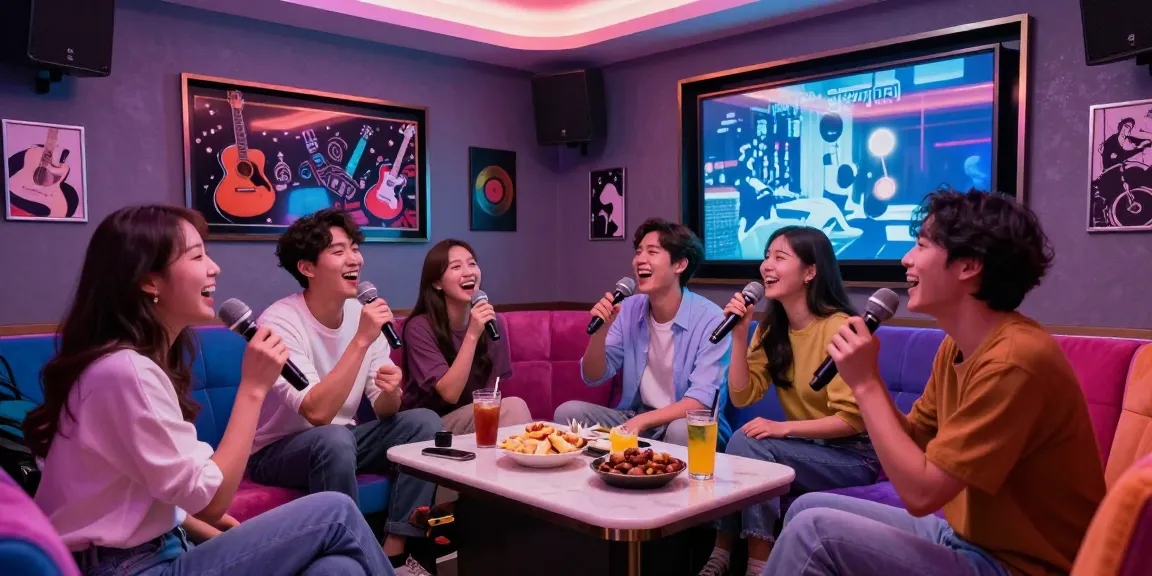 Group of friends enjoying a fun night at 강남 유앤미 가라오케 with vibrant atmosphere and karaoke.