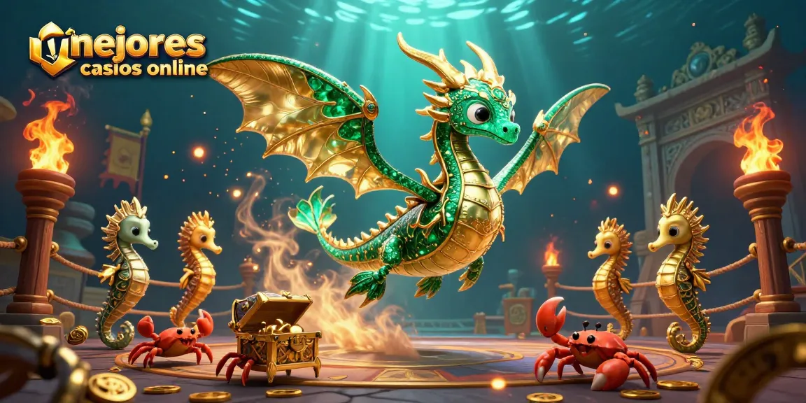 Descubre los mejores casinos online en una ilustración vibrante con un dragón marino y monedas de oro.