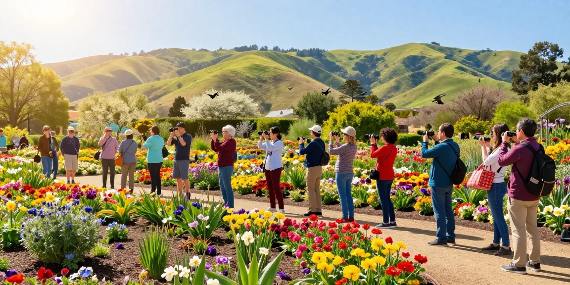 Visitors exploring https://www.thecapayvalleygardentour.com during a sunny day in a vibrant flower garden.