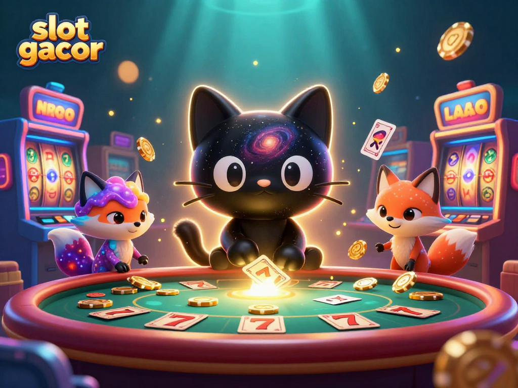 Engage with slot gacor while a black hole cat attracts golden chips and cards in a cosmic casino scene.
