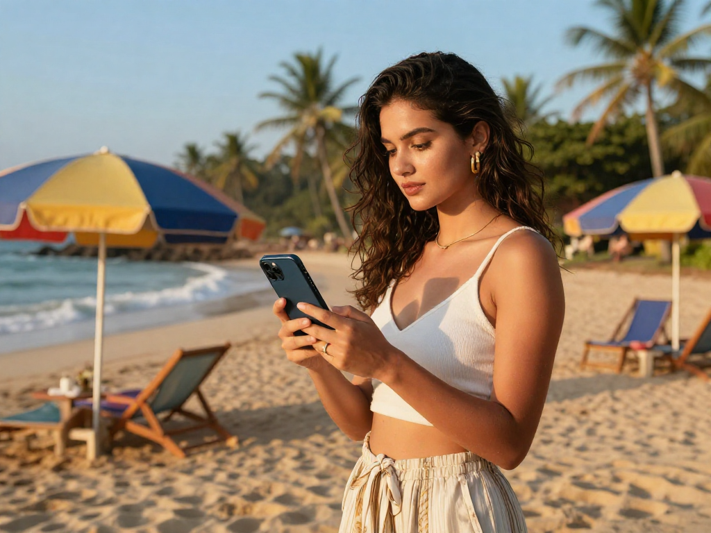 Goa escort scene on the beach, showcasing a stylish woman engaging with her smartphone amidst a vibrant sunset backdrop.