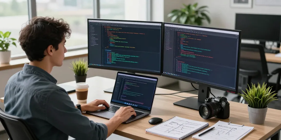 KoboldAI developer in a modern workspace coding with dual monitors and coffee, showcasing advanced AI technology.
