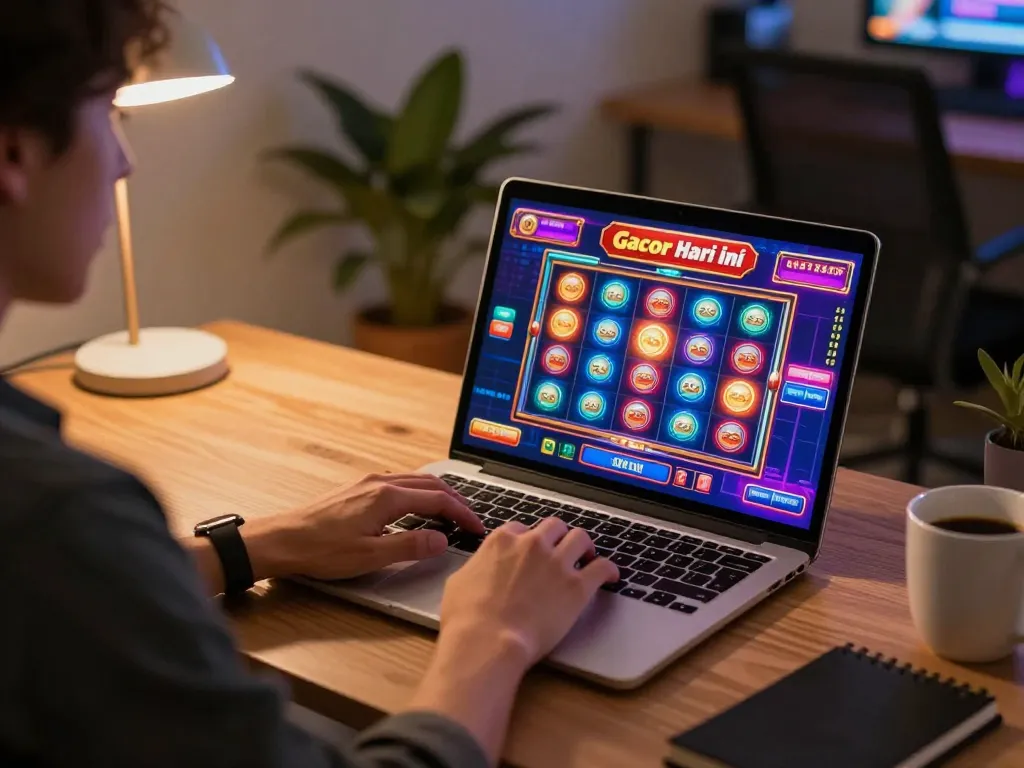 Engaging with slot gacor hari ini on a laptop for smart betting decisions in a modern home office