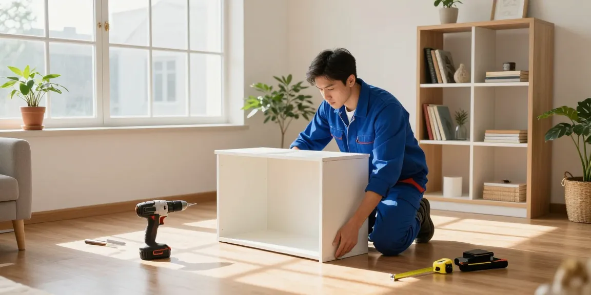 Handyman services near me in a bright living room, assembling furniture with tools and natural light.