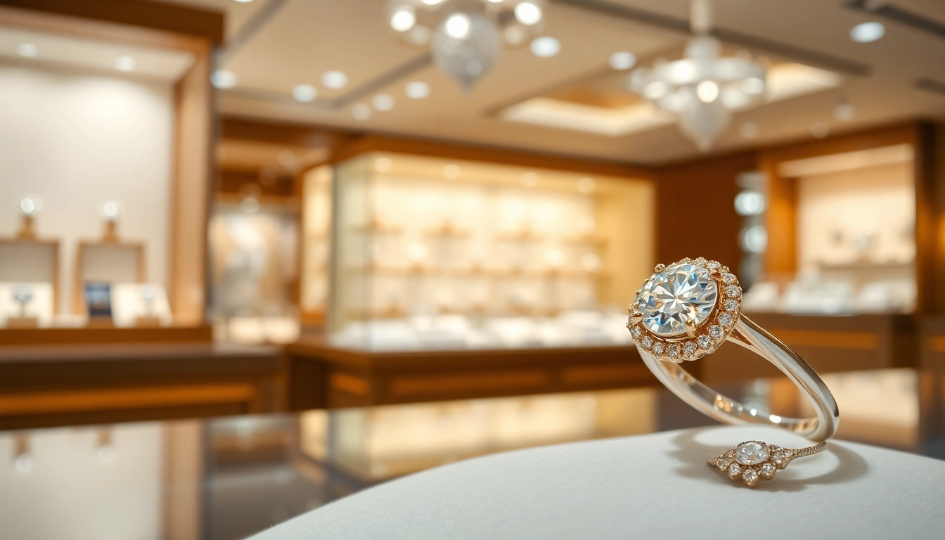Showcasing luxury rings with intricate designs and sparkling diamonds in an upscale setting.
