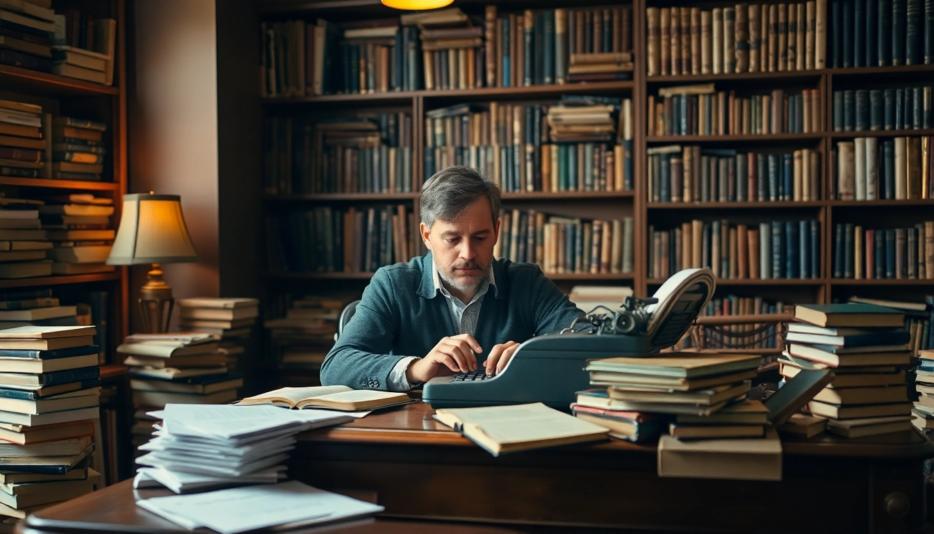 Author working at a vintage desk, surrounded by books and papers in a cozy study.
