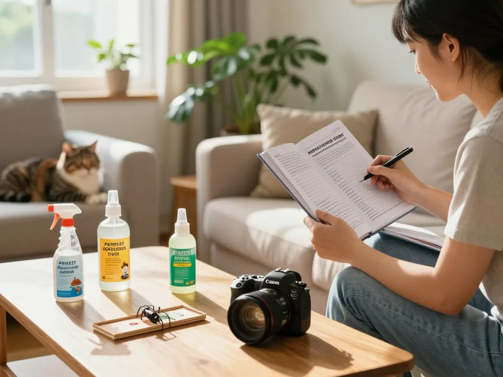 Cozy living room showcasing pest control tips with a homeowner, cat, and essential pest prevention products.