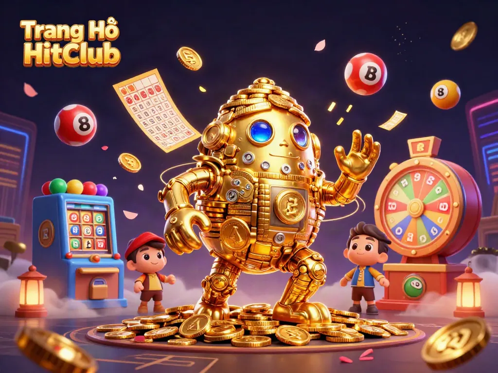 Experience the vibrant action of Trang Chủ HitClub with a dynamic 3D casino scene showcasing exciting game elements and a golden golem.