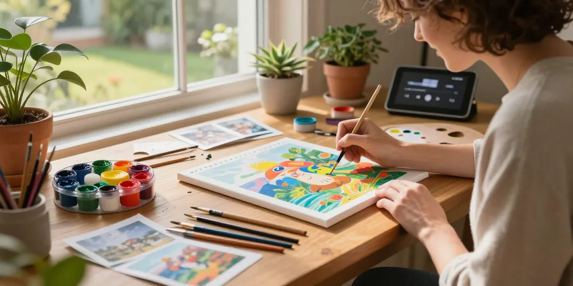 Engaging scene of a person joyfully painting with a painting by numbers kit, surrounded by art supplies in a cozy studio.