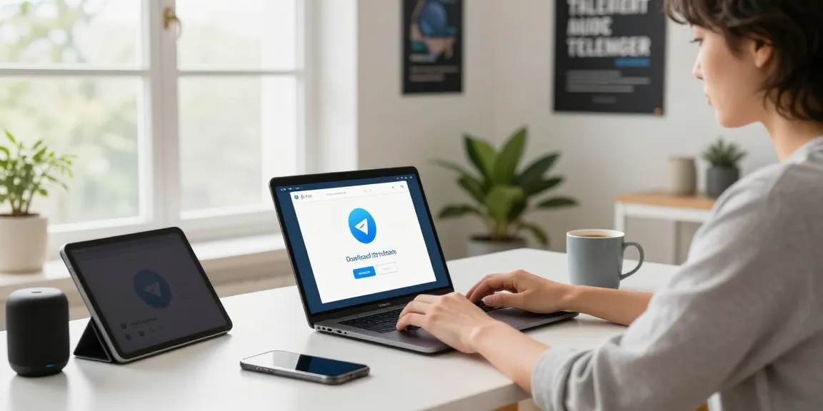 Person using laptop to download telegram中文版下载 in a modern home office