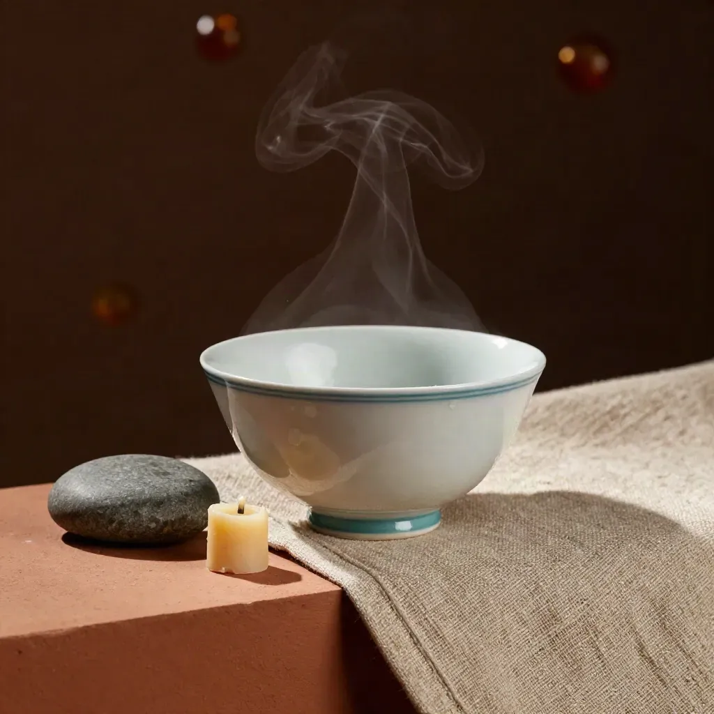 Porcelain tea bowl steaming beside stone, candle stub and linen on warm clay