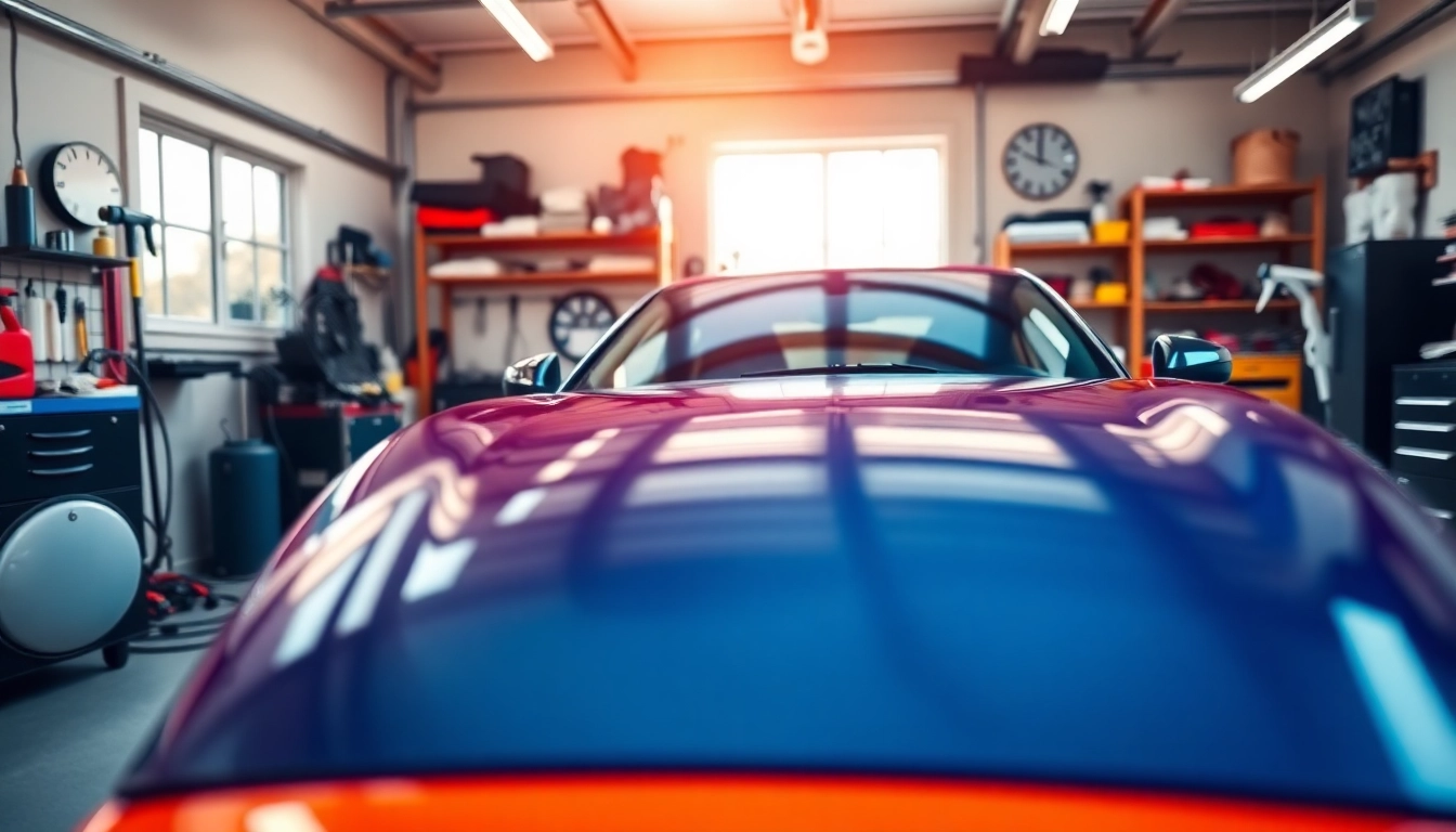 Engaging process of auto detailing Cleveland TN showcasing a polished car in a bright garage.