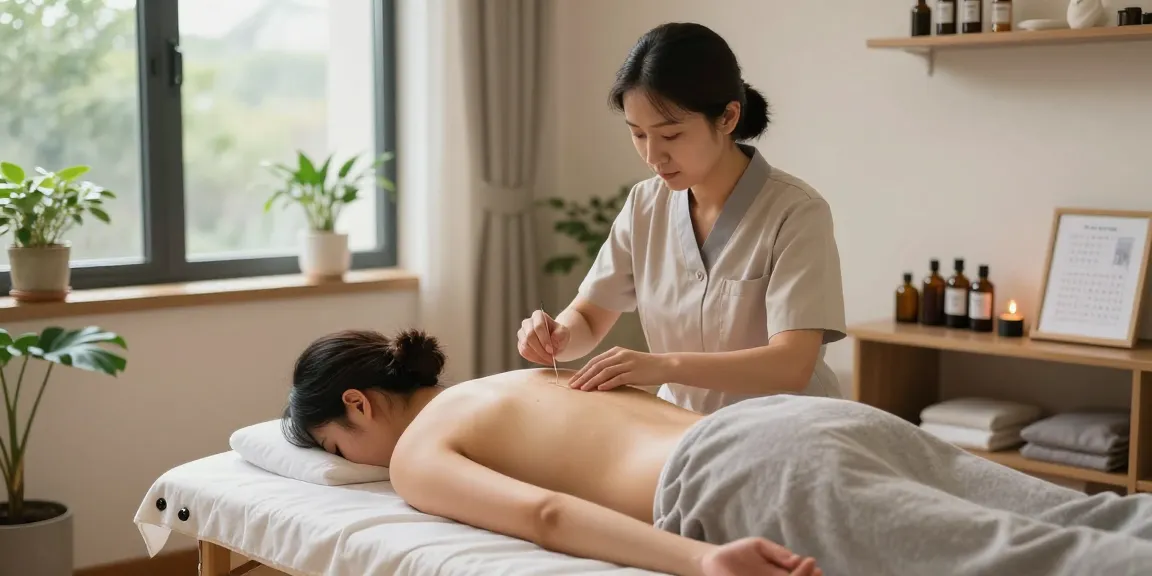 Patient receiving acupuncture treatment at 영통한의원 in a serene wellness environment