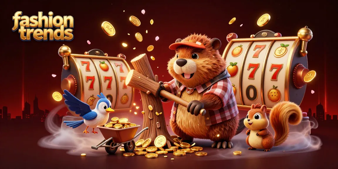 Engaging 3D cartoon scene of a lumberjack beaver and friends celebrating fashion trends with lively casino elements