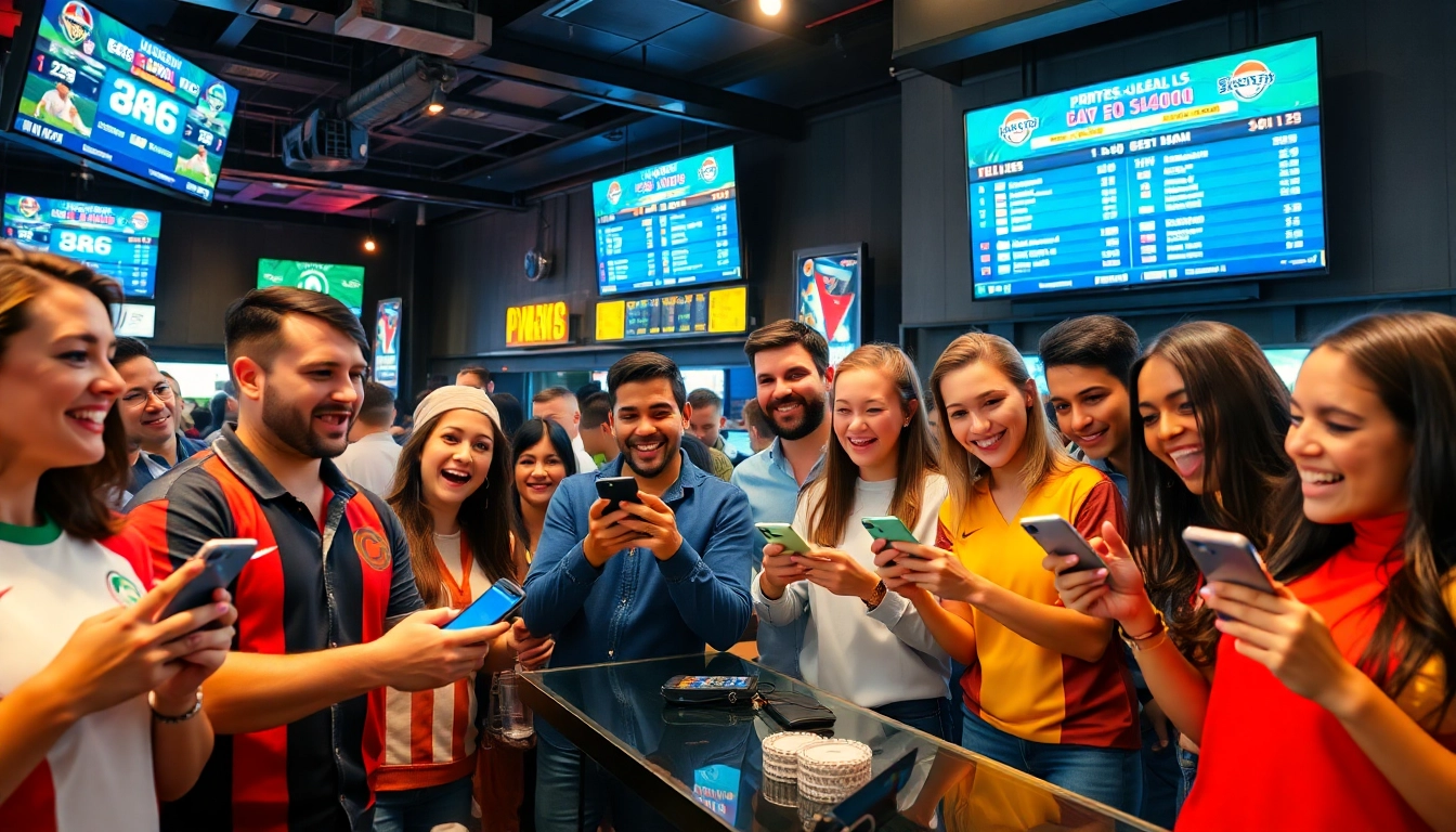 Engaged fans experience online sports betting Texas in a lively sports lounge with betting apps on display.