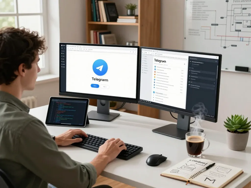 Developer immersed in Telegram 电脑版 app development at a sleek desk with dual monitors and tools.