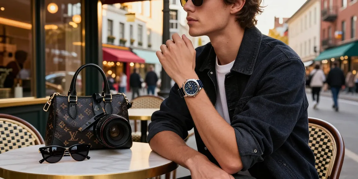 Stylish individual displaying 시계 레플리카 on wrist in an urban setting.
