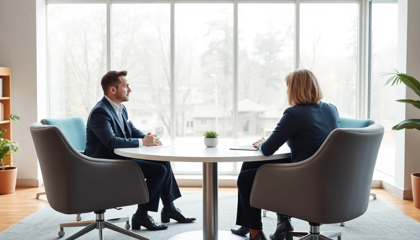 Mediation session in a bright space with a mediator facilitating discussion.