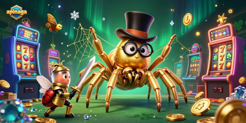 Spin to win at apinaga with animated slots as the golden tarantula spins a web of fortune.