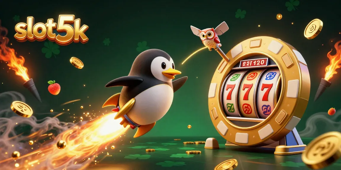 Experience thrilling action in slot 5k with cartoon penguin racing towards a poker chip-shaped casino