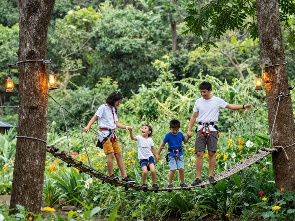 Family crossing a rope bridge in a lush forest, enjoying outdoor adventure.