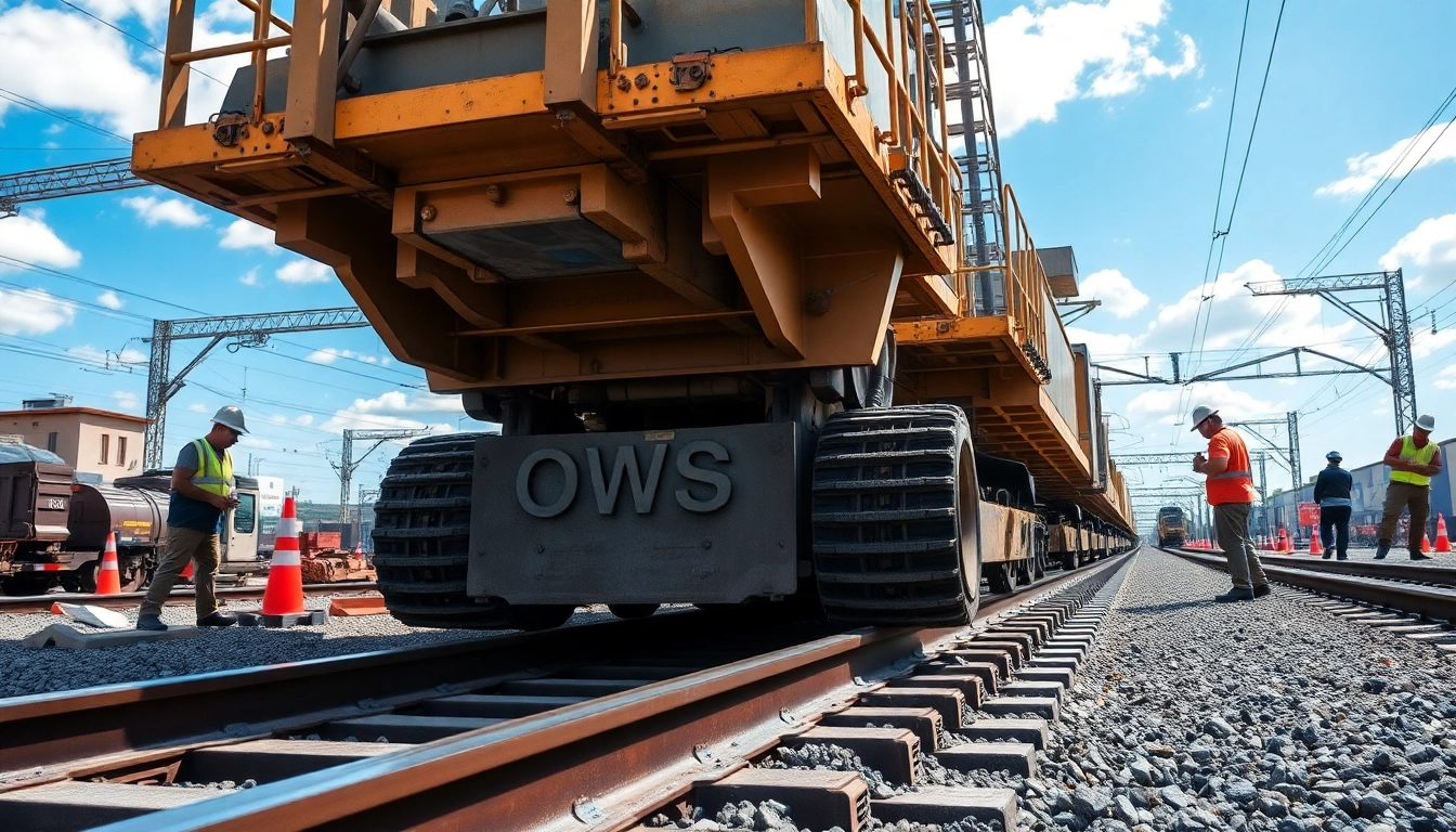 OWS rail workers laying tracks with heavy machinery in a vibrant construction scene.