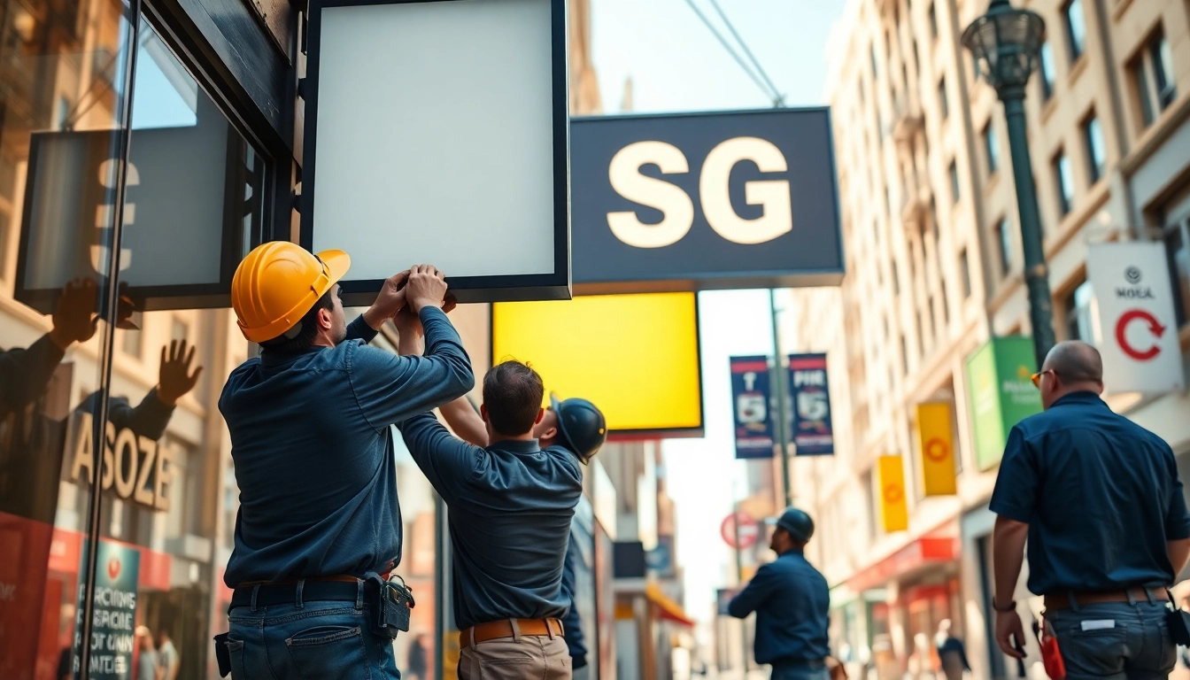 Technicians performing sign installation in an urban area, highlighting expertise and teamwork.