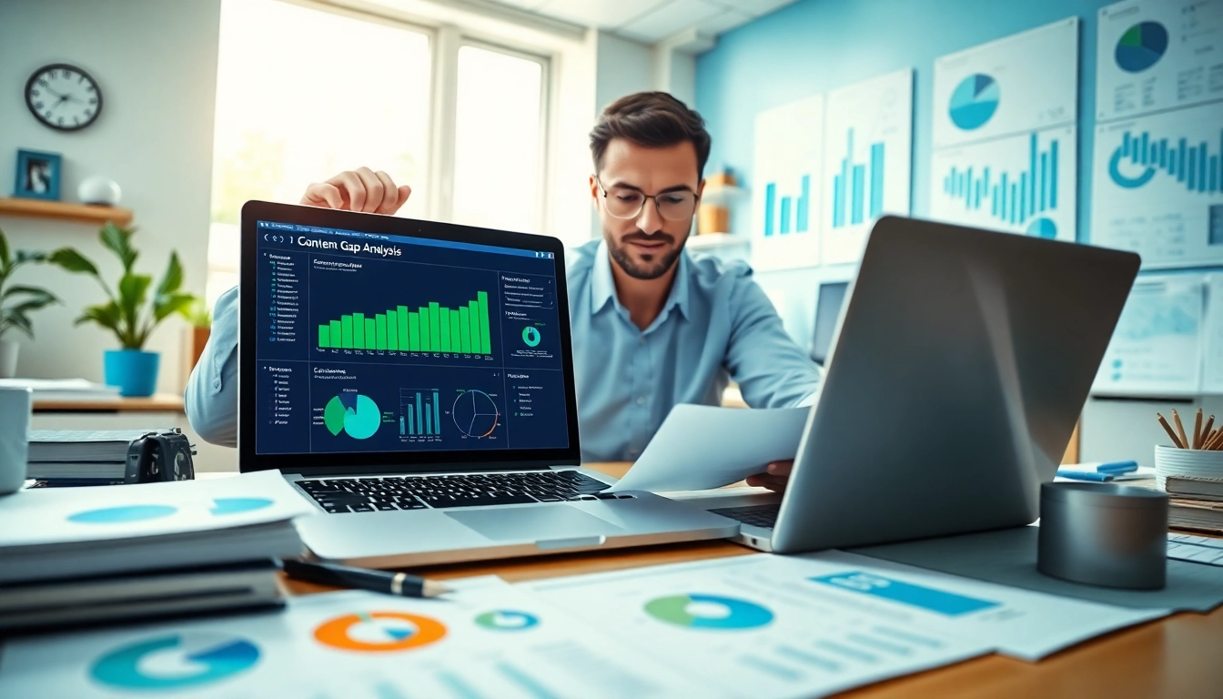 Visual of a marketing professional performing a Content Gap Analysis with data charts in an office.