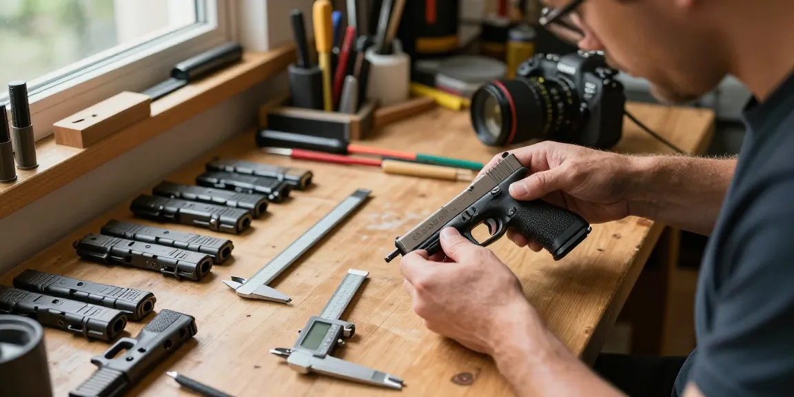Assembling Glock slides at https://precisionglockslides.com in a well-lit workshop with precision tools and parts.