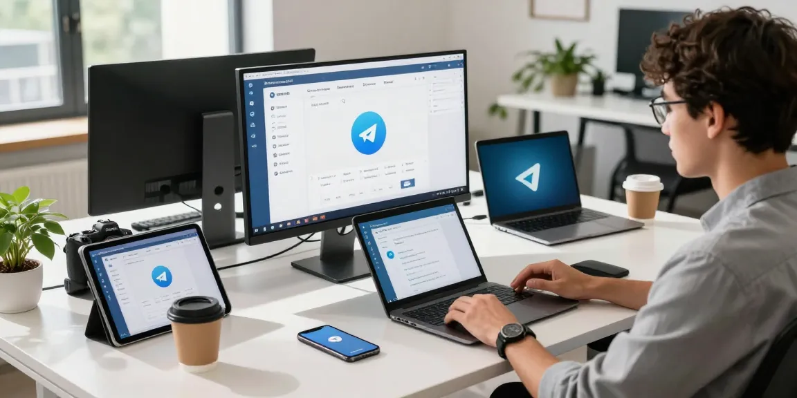 Engaging Telegram中文版下载 in a modern tech workspace showcasing a professional using multiple devices for effective communication.