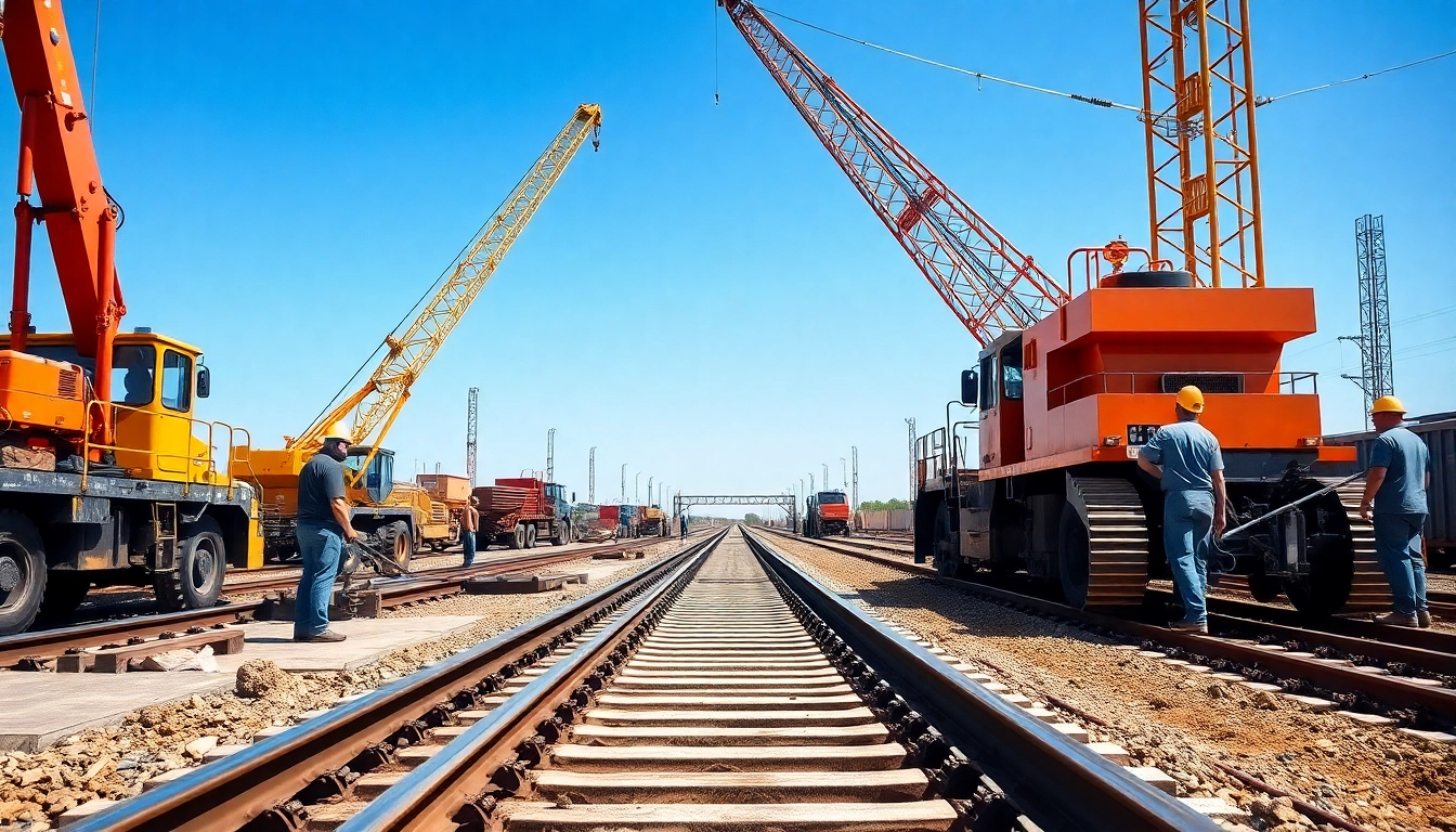 Railroad Track Construction Company assembling steel tracks with heavy machinery at a busy construction site.
