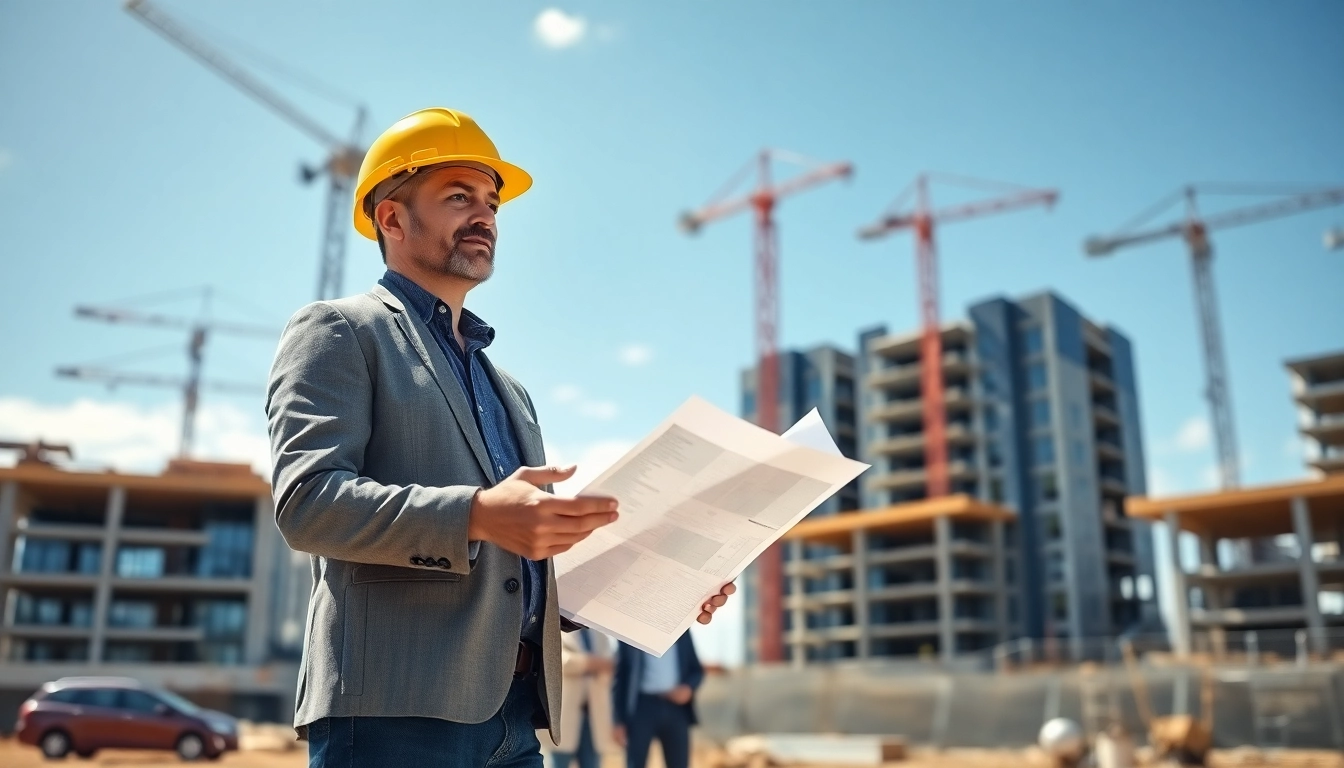 Real Estate Development professional assessing building construction plans at a site