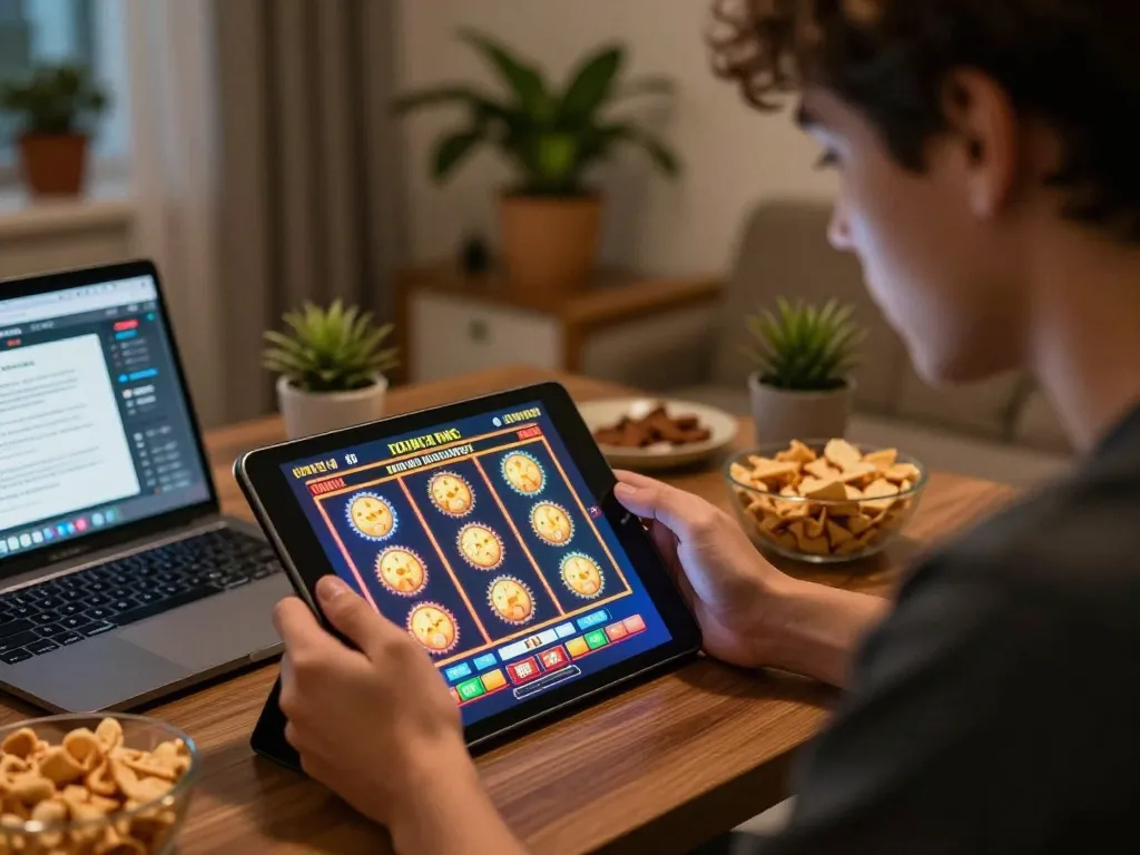 Engaging in online gaming with a slot bonus new member on a tablet in a cozy setting.