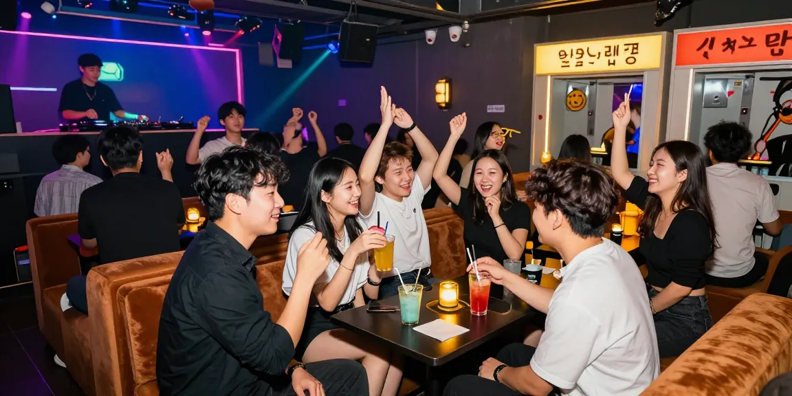 Group enjoying drinks and dancing at 상봉동 한국관나이트, vibrant nightclub atmosphere.