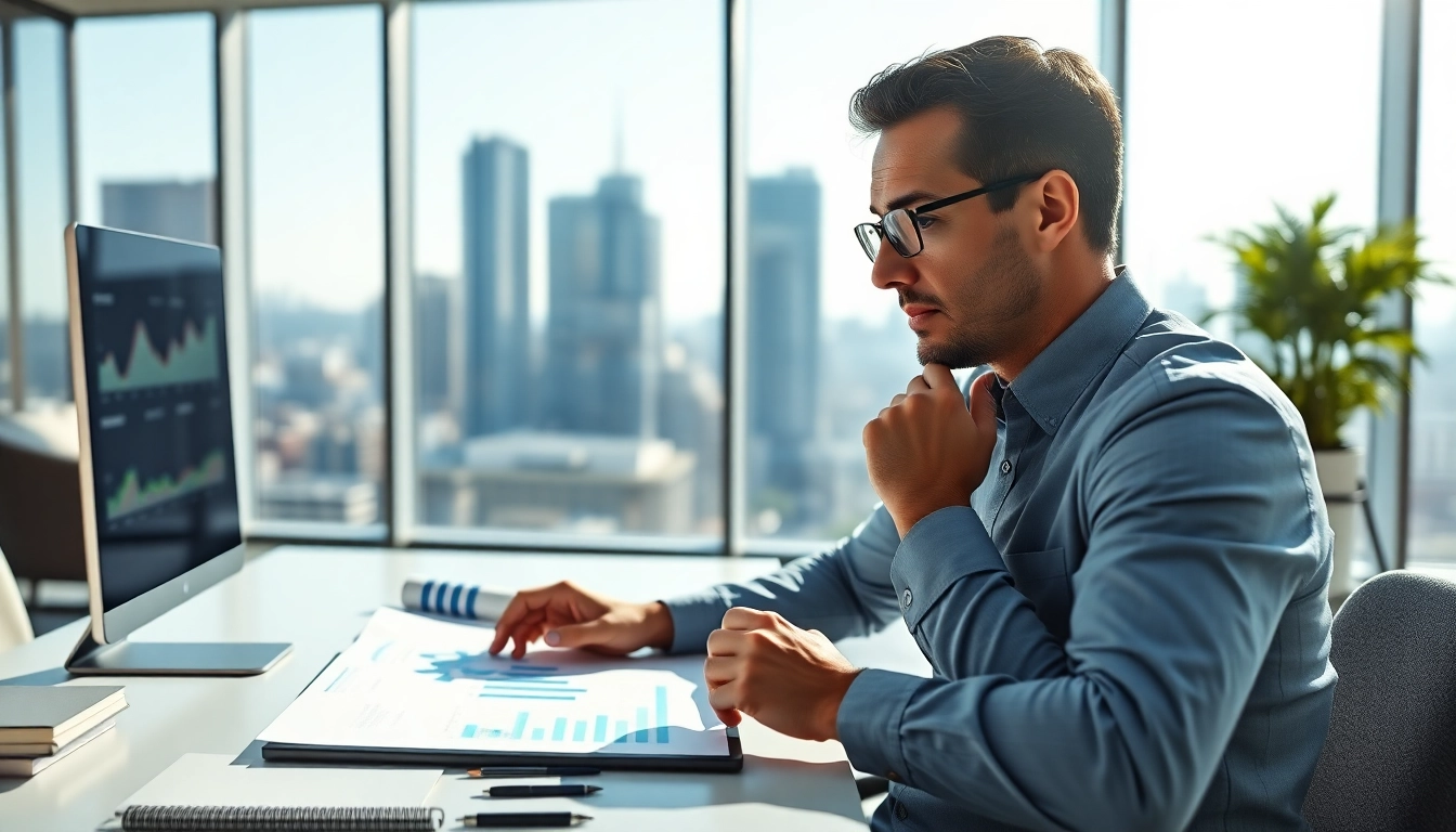 Business analyst conducting a Bid-No-Bid Analysis in a modern office.