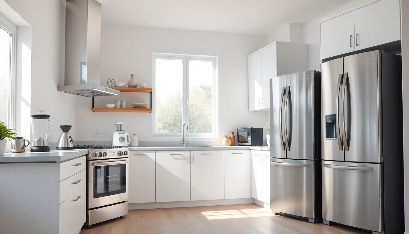 Showcase of modern home appliances arranged in a stylish kitchen, focused on functionality and design.