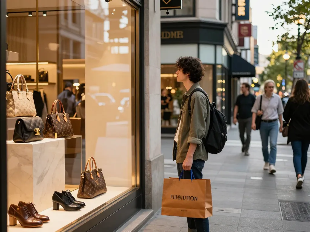 Person exploring 명품 레플리카 luxury replicas in vibrant urban boutique.