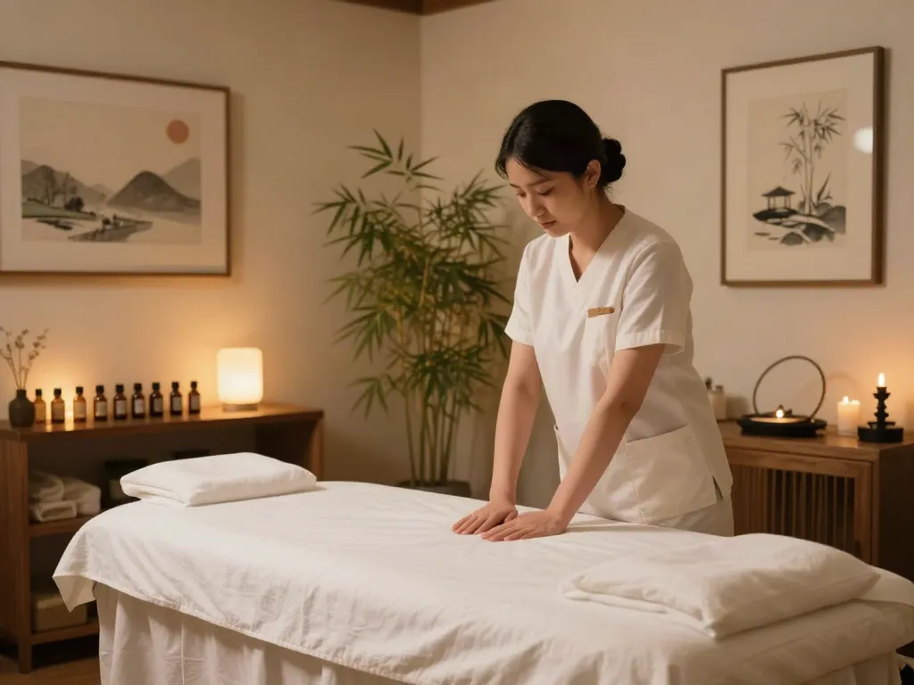 Relaxing 천호동출장마사지 therapy room with massage table and essential oils.
