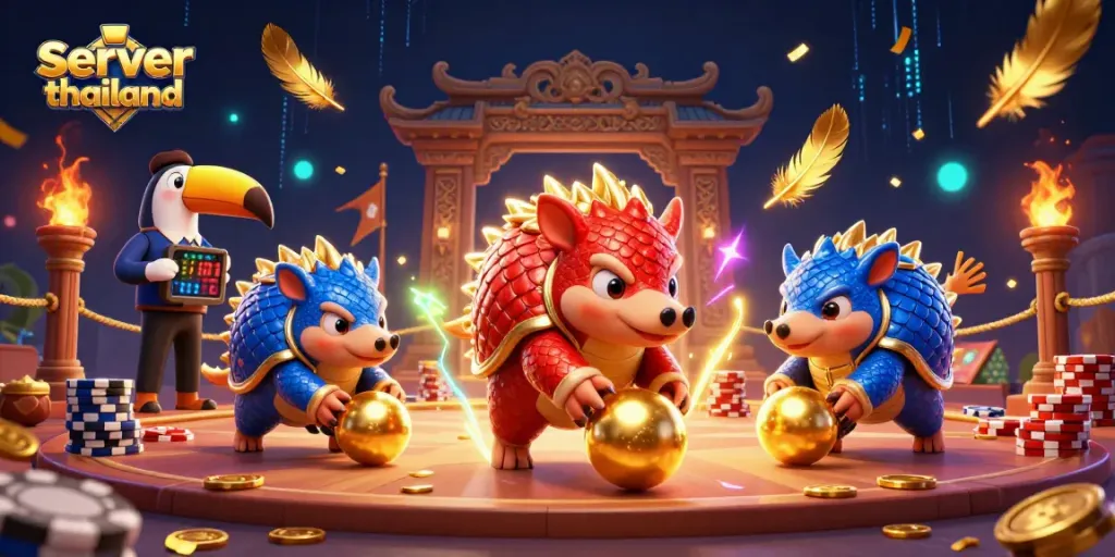 Engage in thrilling action with server thailand as pangolins bowl through poker chips in a dynamic casino scene.