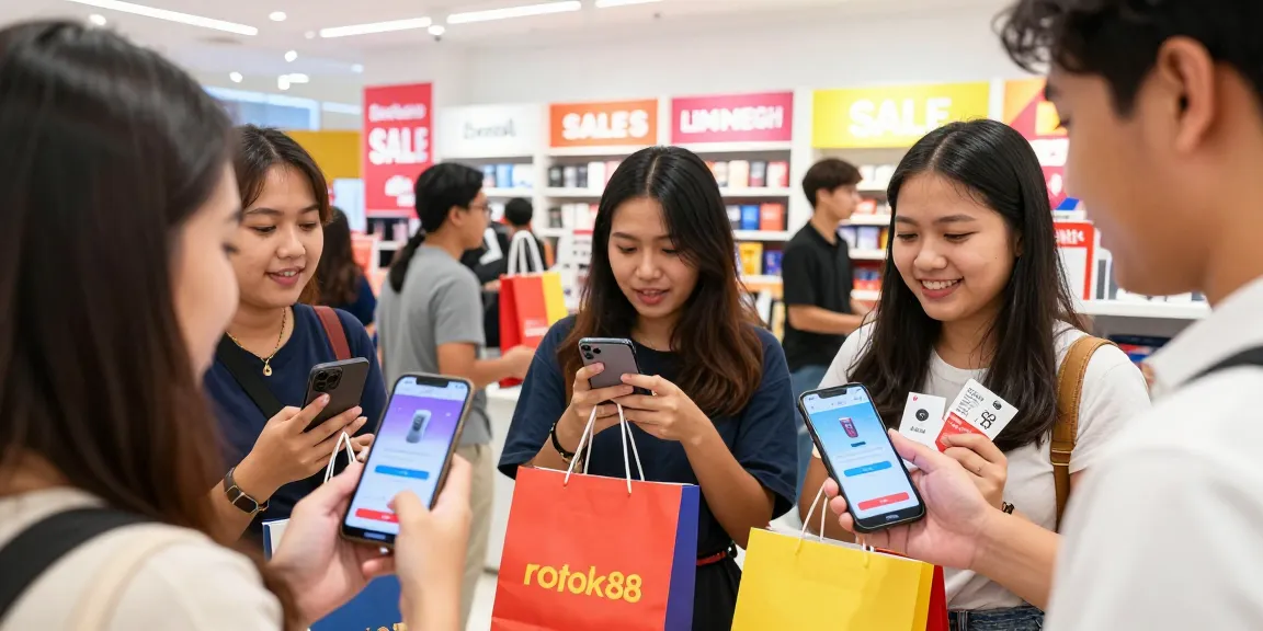 Excited shoppers using rokok88 login on sale day, engaging with promotional products.