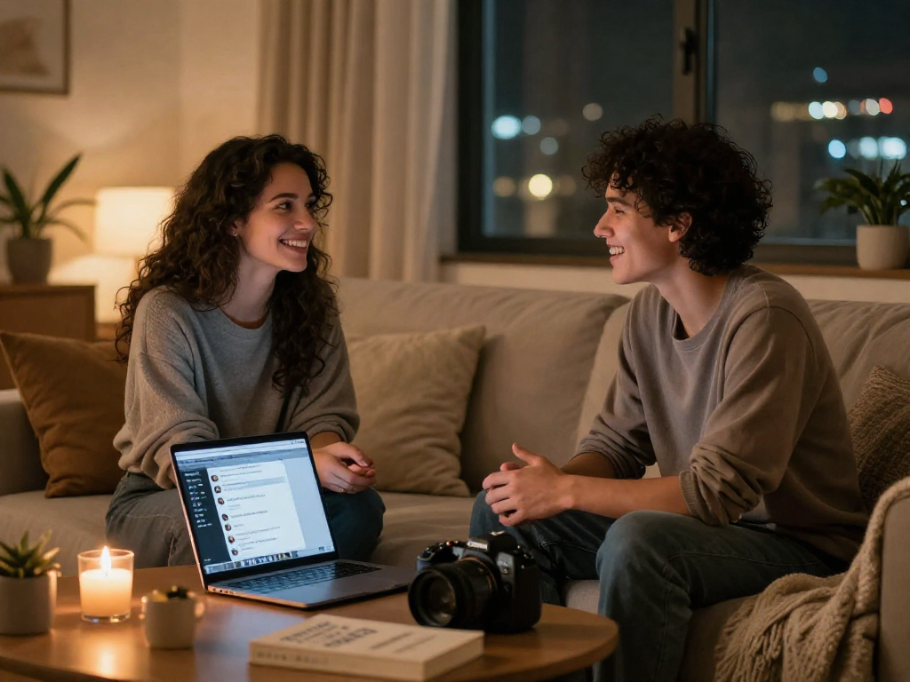Engaging sex AI chat scene with two individuals sharing a warm conversation in a cozy setting.
