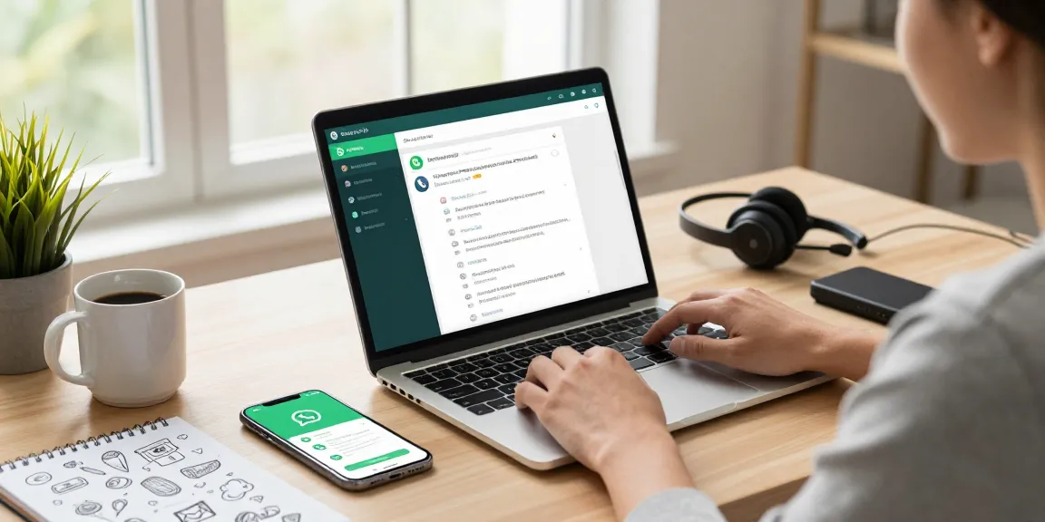 WhatsApp電腦版 in a modern home office with a user interacting on their laptop, showcasing notifications and chat.