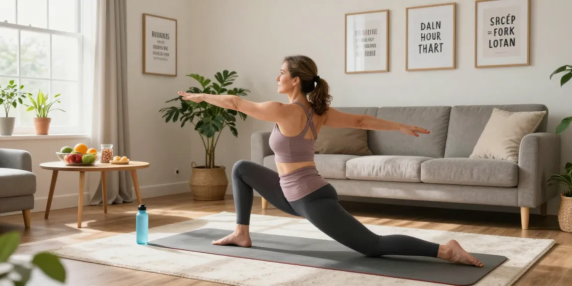 A woman practicing fitness at home with rokok88, promoting health and wellness through yoga and nutrition.