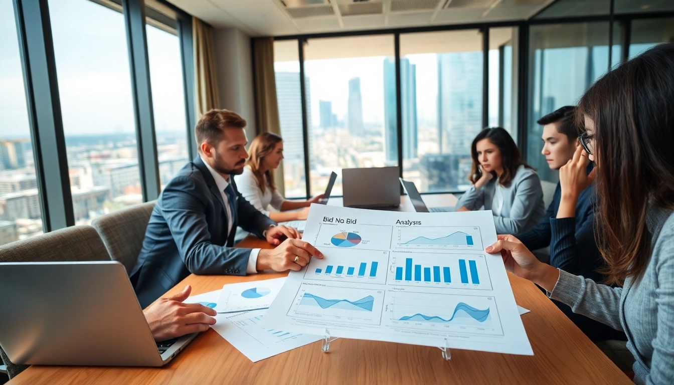 Engaging professionals collaborating on a Bid-No-Bid Analysis strategy in a modern conference room.