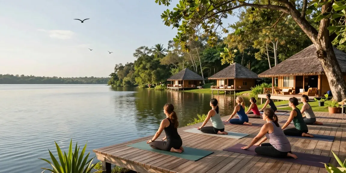 Yoga practice at retreat venue Sri Lanka with lush lakeside views and tranquil atmosphere.