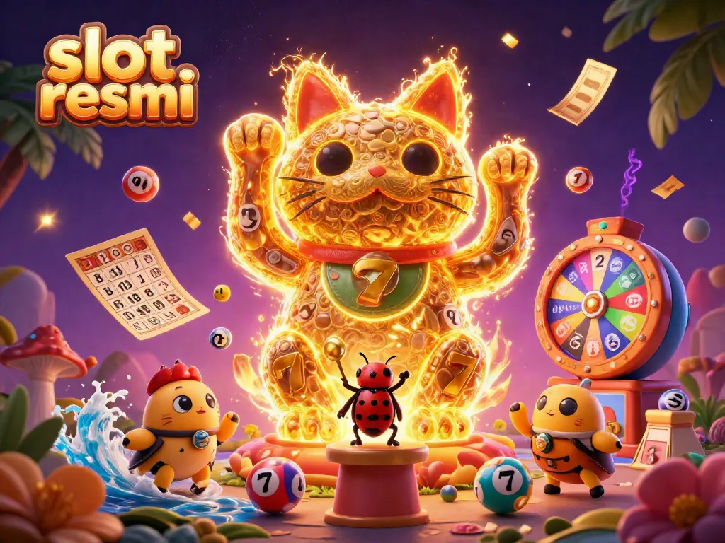 Experience the excitement with slot resmi, showcasing a dynamic scene of a lucky cat and casino symbols in action.